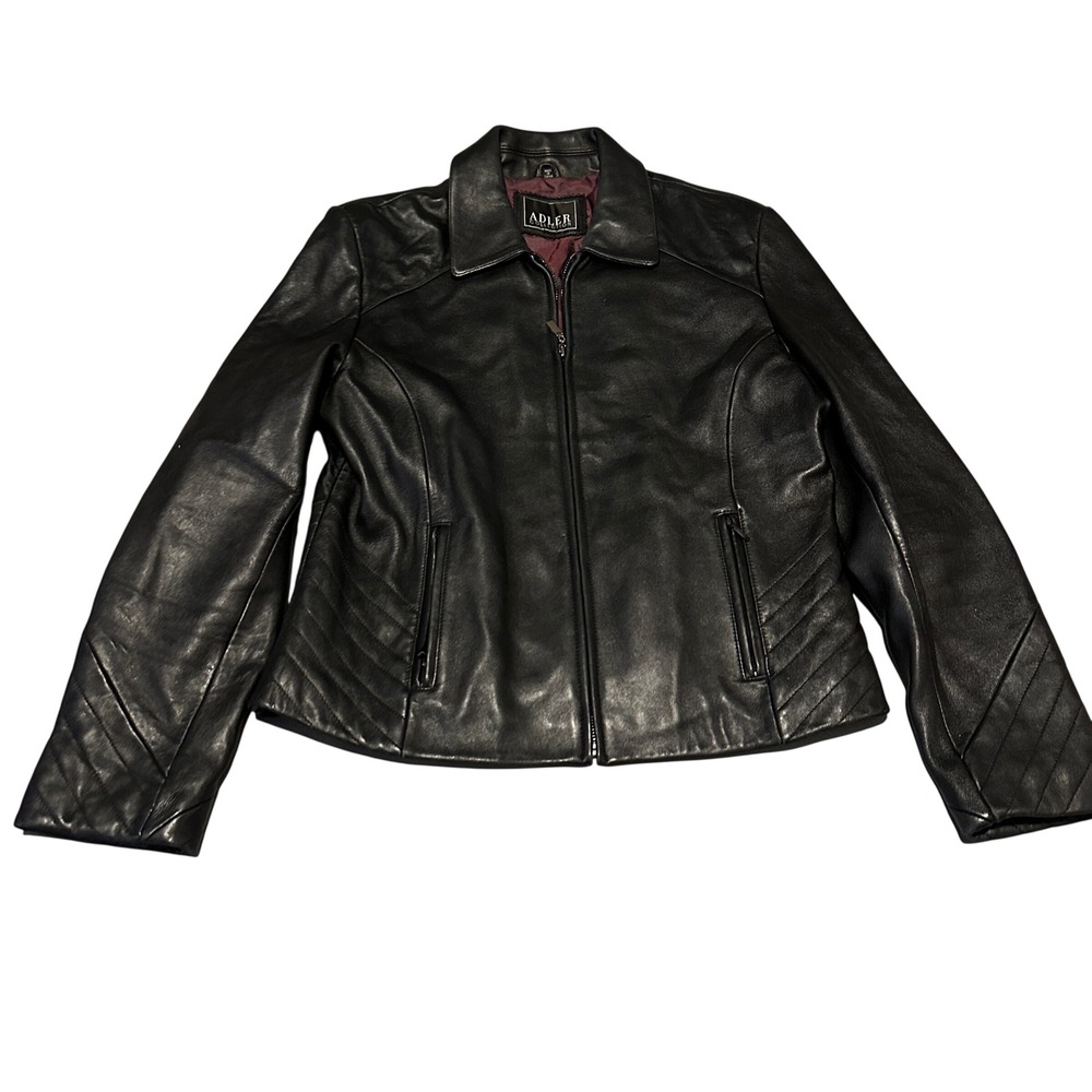 Adler Collection Real NZ Lamb Skin Leather Jacket Black Zipper‎ Front Large